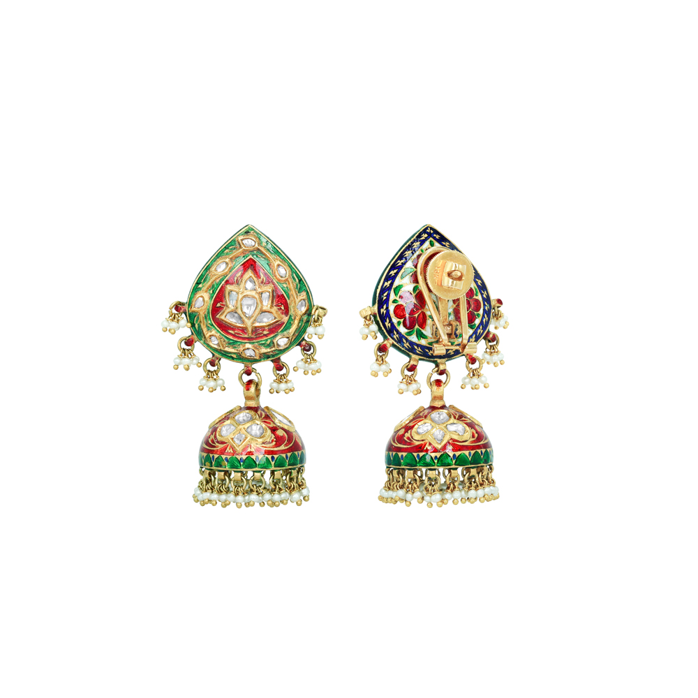 Teardrop Polki Jhumkas with Green-Red Enamel and Pearl Clusters